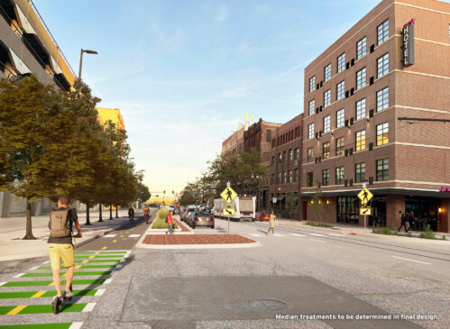 Conceptual artist rendering of project area at 12th Street & Harney Street looking east. Pedestrians and scooter and bicycle riders traverse bike lanes and pedestrian crossings.