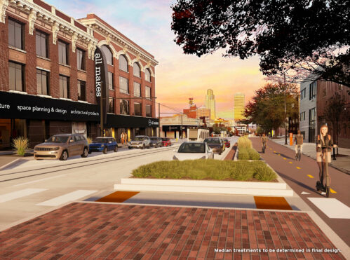 Conceptual artist rendering of project area at 26th Street & Farnam Street looking east. Pedestrians and scooter and bicycle riders traverse bike lanes and pedestrian crossings.