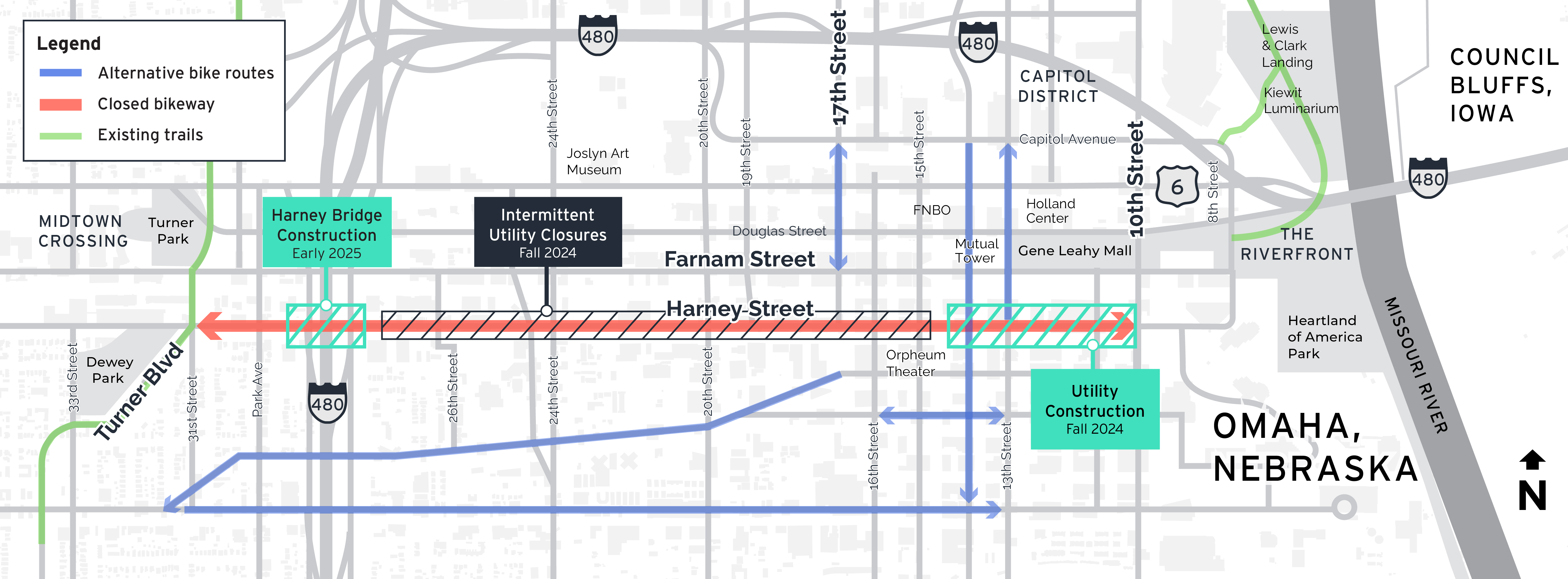 Map of the project area with alternative bike routes, closed bikeway, and existing trails highlighted.