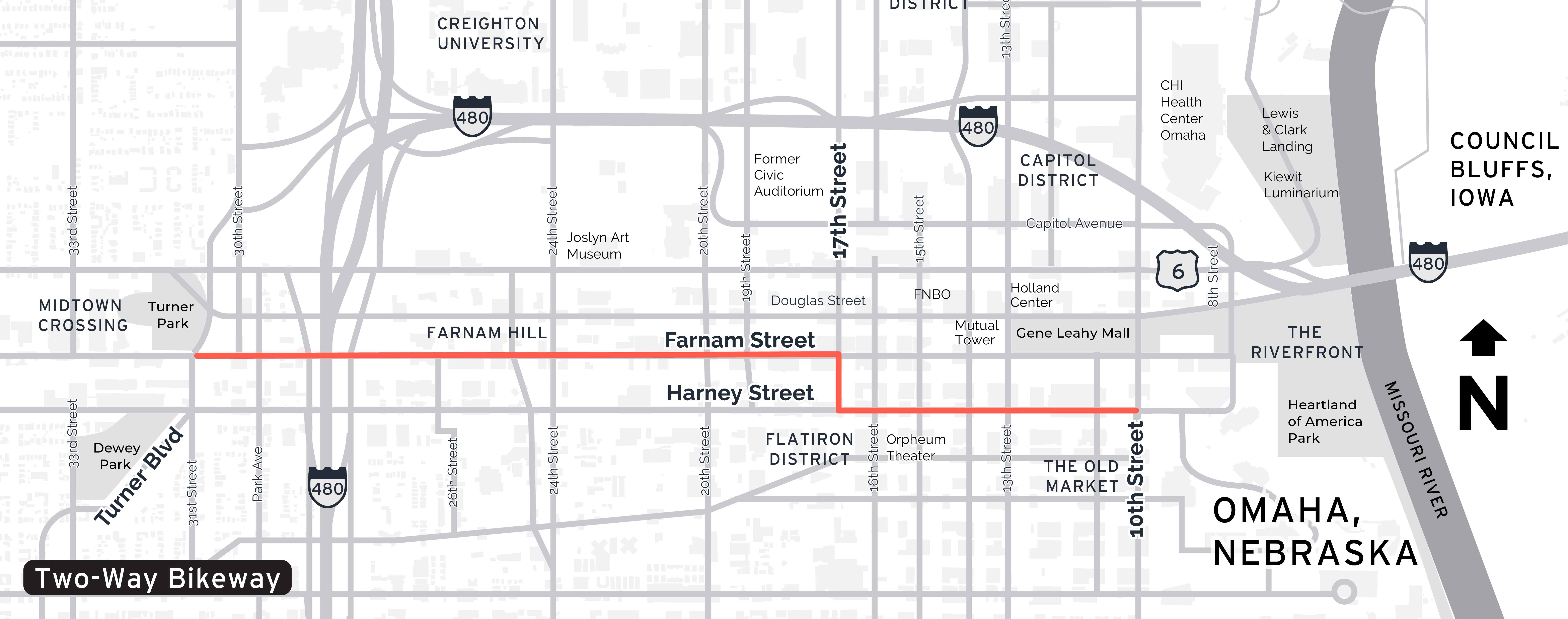Map of midtown and downtown Omaha with the proposed bikeway highlighted from just west of 31st Street on Farnam, south on 17th Street and east to 10th Street on Harney Street.