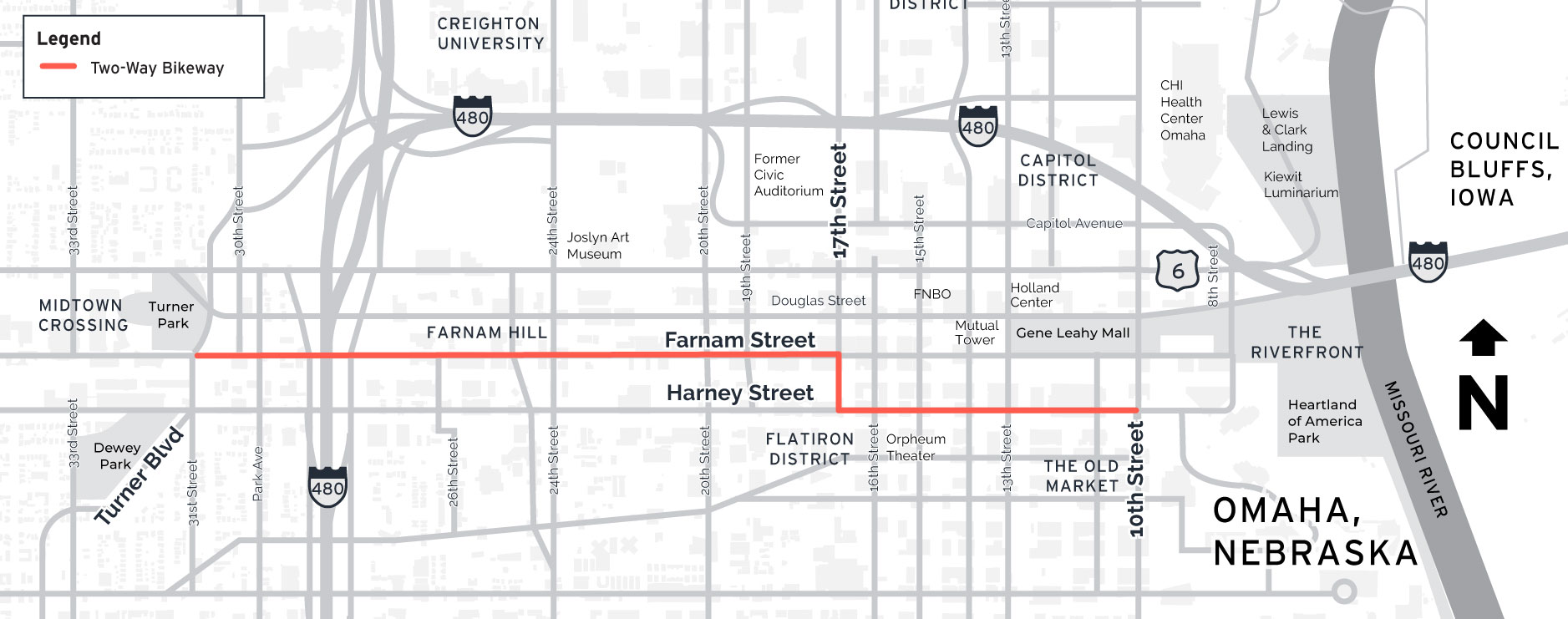 Map of midtown and downtown Omaha with the proposed bikeway highlighted from just west of 31st Street on Farnam, south on 17th Street and east to 10th Street on Harney Street.